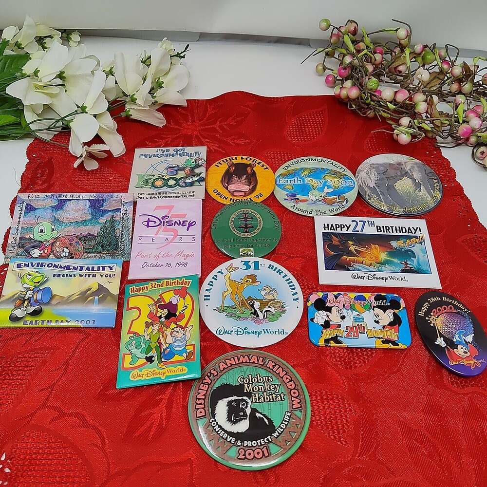 Walt Disney World Cast Member Happy Birthday N Earth Day Buttons Lot of 14